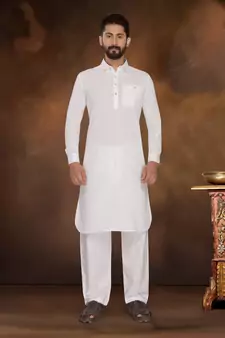 White Embroidered Cotton Poly Pathani Suit