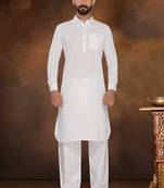 White Embroidered Cotton Poly Pathani Suit