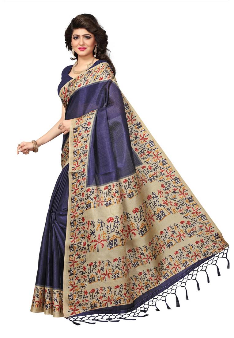 Women's Cotton Linen Turquoise Printed Designer Saree With Blouse Piece