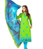 Green Embroidered Cotton Unstitched Salwar Kameez With Dupatta
