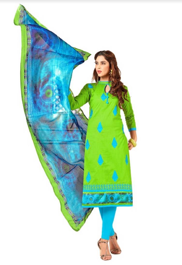 Green Embroidered Cotton Unstitched Salwar Kameez With Dupatta