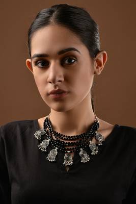 Black Beaded German Silver Necklace 1