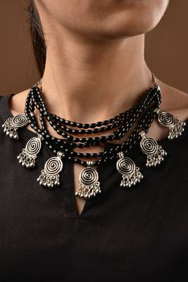 Black Beaded German Silver Necklace 2