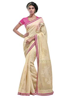 Cream Embroidered Brasso Saree With Blouse 1