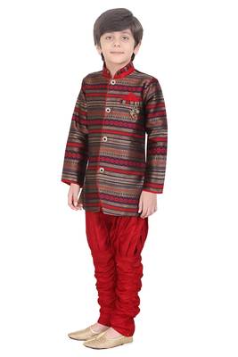 Traditional Maroon Silk Blend Boys Kurta With Breeches 2