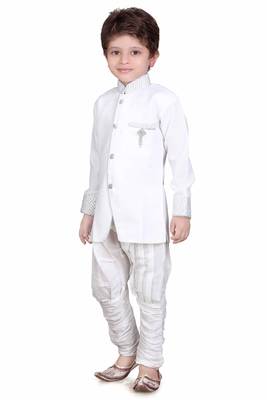 Traditional White Silk Blend Boys Kurta With Breeches 2