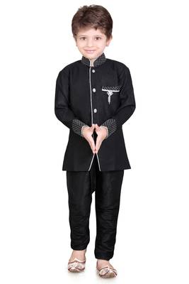 Traditional Black Silk Blend Boys Kurta With Breeches 1