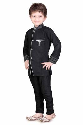 Traditional Black Silk Blend Boys Kurta With Breeches 2
