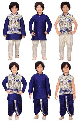 Traditional Blue Silk Blend Boys Kurta & Waistcoat With Breeches & Dhoti 1