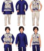 Traditional Blue Silk Blend Boys Kurta & Waistcoat With Breeches & Dhoti