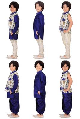 Traditional Blue Silk Blend Boys Kurta & Waistcoat With Breeches & Dhoti 2