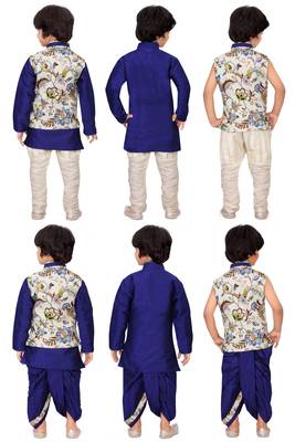 Traditional Blue Silk Blend Boys Kurta & Waistcoat With Breeches & Dhoti 3