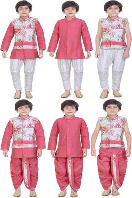 Traditional Pink Cotton Boys Kurta & Waistcoat With Breeches & Dhoti 1