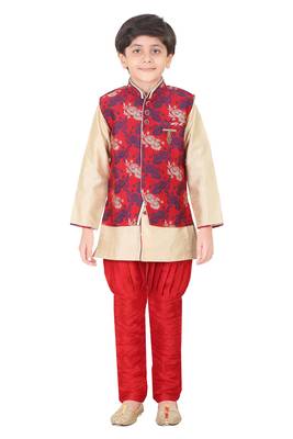 Traditional Red Silk Blend Boys Kurta & Waistcoat With Breeches 1