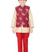 Traditional Red Silk Blend Boys Kurta & Waistcoat With Breeches
