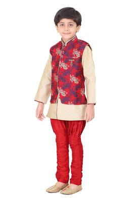 Traditional Red Silk Blend Boys Kurta & Waistcoat With Breeches 2