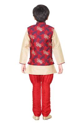 Traditional Red Silk Blend Boys Kurta & Waistcoat With Breeches 3