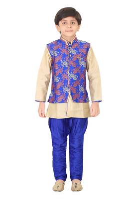 Traditional Blue Silk Blend Boys Kurta & Waistcoat With Breeches 1