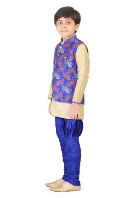 Traditional Blue Silk Blend Boys Kurta & Waistcoat With Breeches 2
