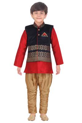 Traditional Red Silk Blend Boys Kurta & Waistcoat With Breeches 1