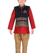 Traditional Red Silk Blend Boys Kurta & Waistcoat With Breeches