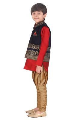 Traditional Red Silk Blend Boys Kurta & Waistcoat With Breeches 2