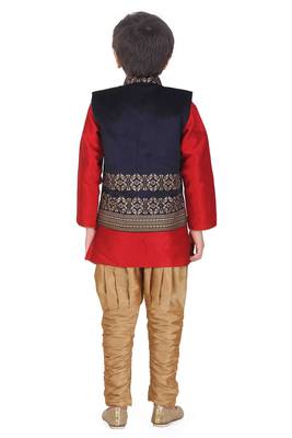 Traditional Red Silk Blend Boys Kurta & Waistcoat With Breeches 3