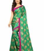 Green printed art silk saree with blouse
