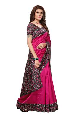 Pink printed art silk saree with blouse 4