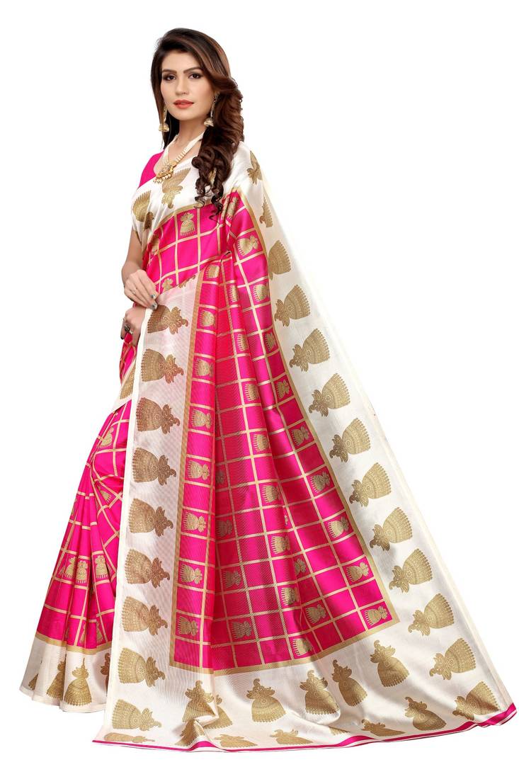 Pink Printed Art Silk Saree With Blouse
