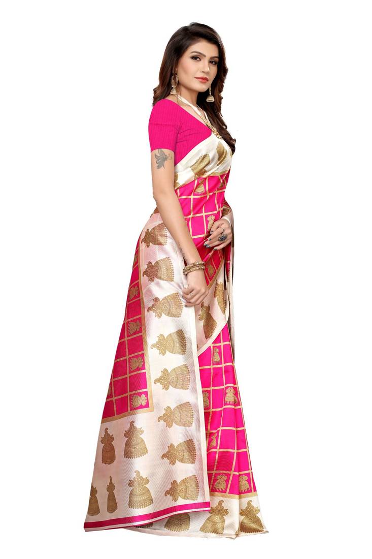 Pink Printed Art Silk Saree With Blouse