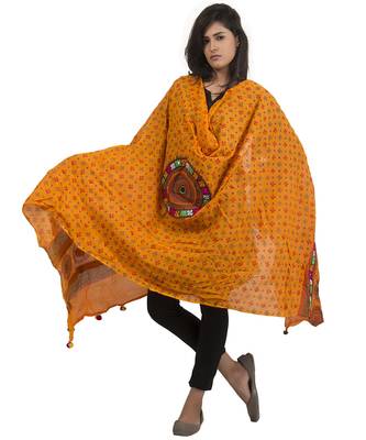 Light Orange Aari Embroidery and Foil Mirrors Pure Cotton Free Size Dupatta 1