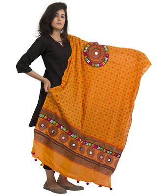 Light Orange Aari Embroidery and Foil Mirrors Pure Cotton Free Size Dupatta 3