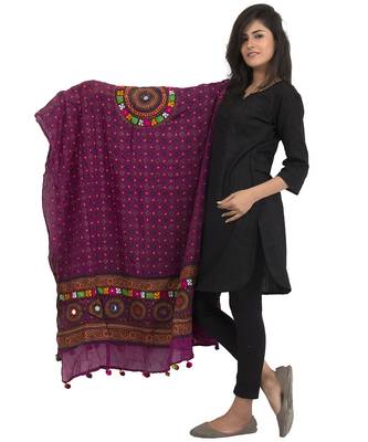 Magenta Violet Aari Embroidery and Foil Mirrors Pure Cotton Free Size Dupatta 2