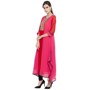 Pink Embroidered Georgette kurta & 2