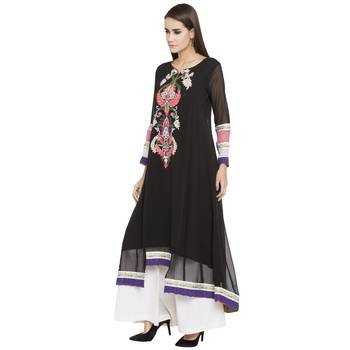 Black Embroidered Georgette kurta & 2