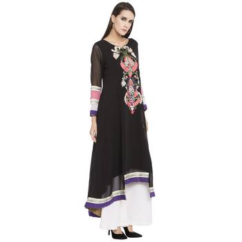Black Embroidered Georgette kurta & 3