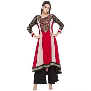 Red Embroidered Georgette kurta & 1