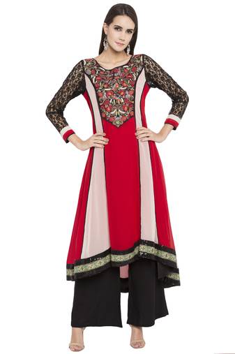 Red Embroidered Georgette kurta &