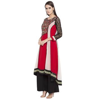 Red Embroidered Georgette kurta & 2