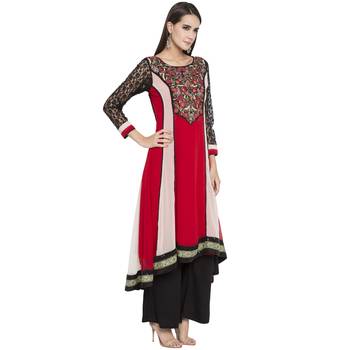 Red Embroidered Georgette kurta & 3