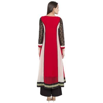 Red Embroidered Georgette kurta & 4