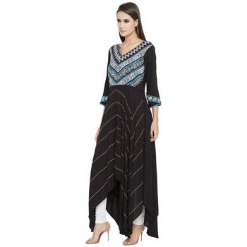 Black Printed Cotton kurta & 2