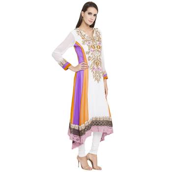 Off White Embroidered Georgette kurta & 3