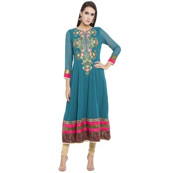 Blue Embroidered Georgette kurta & 1