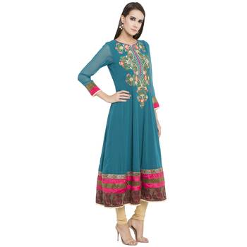 Blue Embroidered Georgette kurta & 3