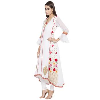 White Printed Georgette kurta & 2
