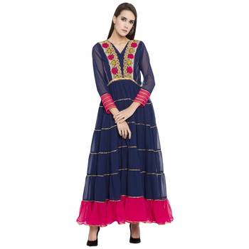 Blue Embroidered Georgette kurta & 1