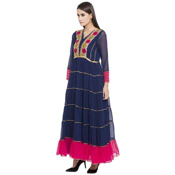 Blue Embroidered Georgette kurta & 2