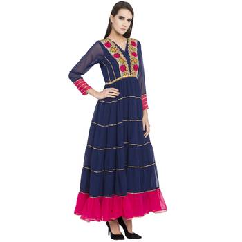 Blue Embroidered Georgette kurta & 3